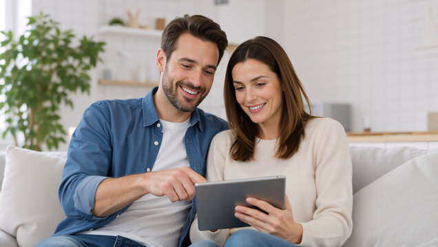 Happy young couple using digital tablet on sofa. Smiling man and woman looking at screen in modern living room. Online shopping and entertainment concept