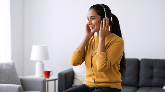 Happy young woman listening to music with headphones at home. Smiling female in yellow sweater enjoying podcast or audiobook in modern living room