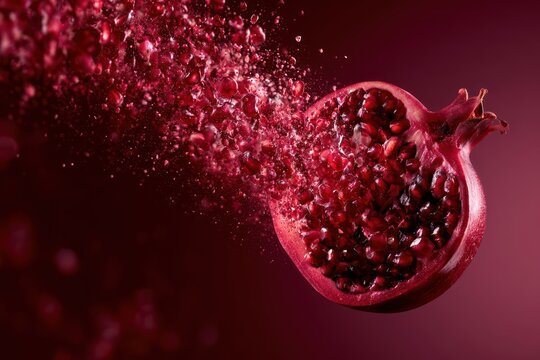 Dynamic floating pomegranate composition on red background