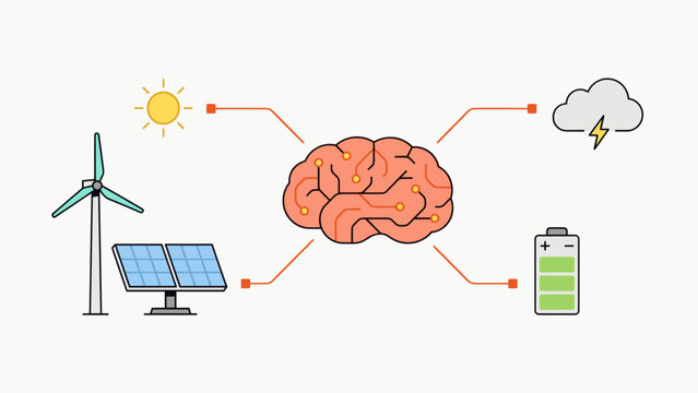 Smart energy management vector, artificial intelligence brain controlling renewable power, solar and wind grid optimization concept