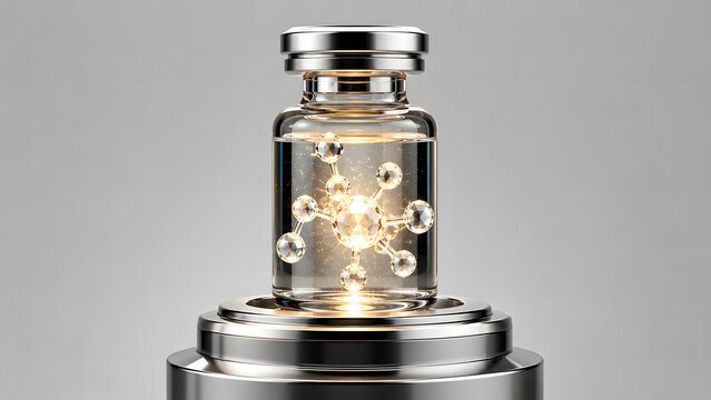 Glass vial containing a glowing molecular formula inside liquid for a premium skincare product formulation resting on a metallic circular pedestal