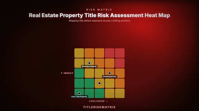 Real Estate Property Title Risk Assessment Heat Map. Mapping title defect exposure across a listing portfolio