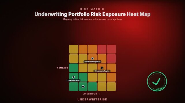 Underwriting Portfolio Risk Exposure Heat Map. Mapping policy risk concentration across coverage lines