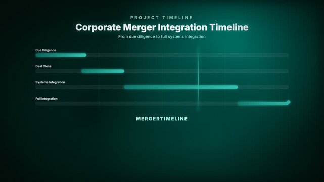 Animated corporate merger integration timeline tracking due diligence through full systems integration