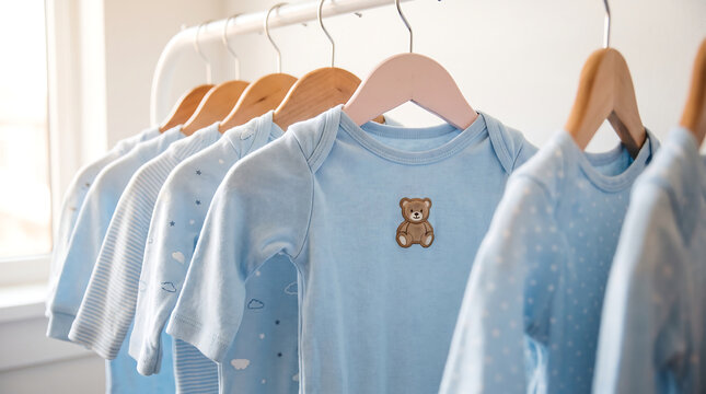 Rack of baby clothing featuring various blue bodysuits and rompers hanging on wooden hangers indoors baby shower clothing bodysuits children wardrobe commercial