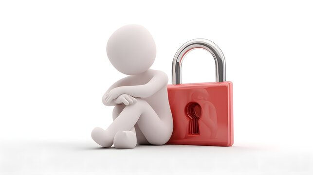 Minimalist 3D stick figure sitting beside a padlock, symbolizing cybersecurity, privacy, data protection, digital trust, and secure access.