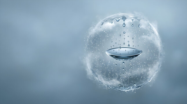 Abstract water droplets floating in a sphere with mist and vapor in zero gravity space.