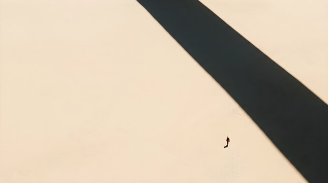 Silhouette of a person walking past a large geometric black shadow on a beige background