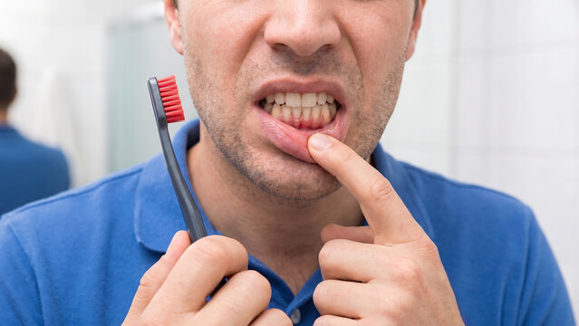 Man Experiencing Gum Pain While Holding a Toothbrush