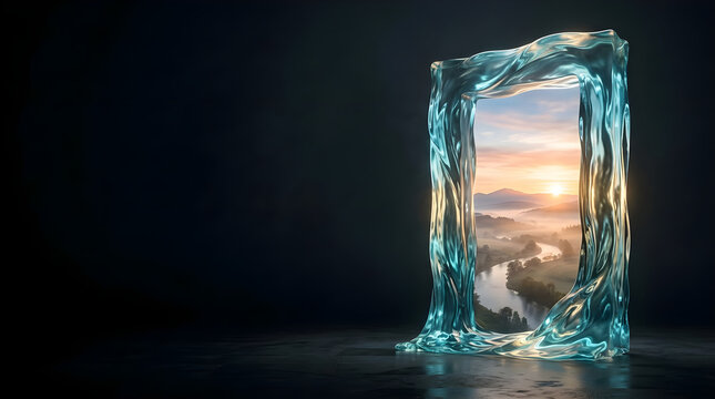 Liquid water portal frame revealing a scenic sunrise landscape over a river valley