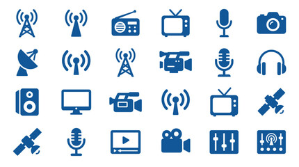 Fototapeta premium Collection of media and communication icons: broadcast towers, radio, TV, camera, microphone, satellite, headphones, speakers, video recorder, mixer