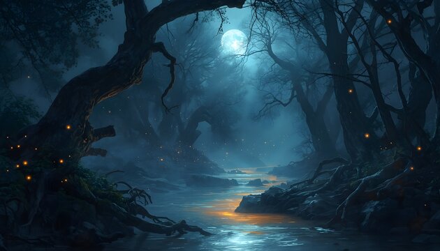 Misty forest at night with glowing river and moonlight shining through ancient trees