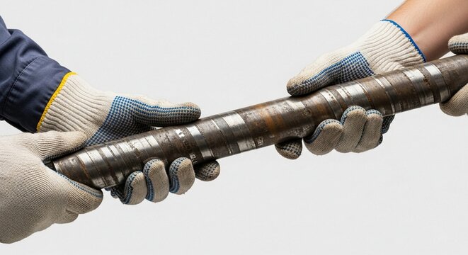 Geologists' gloved hands carefully examine a cylindrical geological drill core sample for scientific analysis