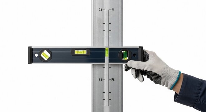 Gloved hand using a spirit level for precise vertical and horizontal alignment measurement on a metal post.