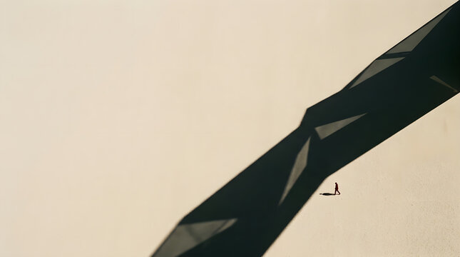Person walking through large geometric shadow on sand, minimalist aerial desert landscape.