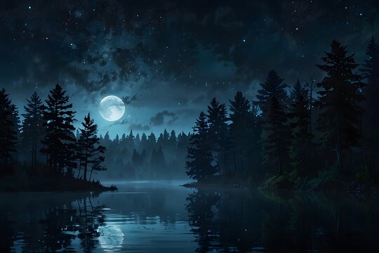 Full moon over a calm river and dark forest landscape at night