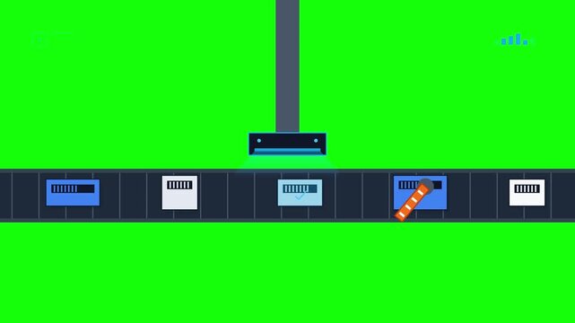 Flat vector animation of an automated conveyor belt sorting packages and scanning barcodes against a green screen