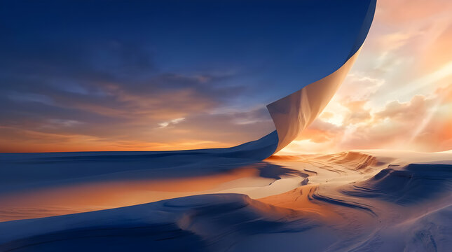 Surreal landscape with sky peeling back like paper to reveal a glowing sunset horizon
