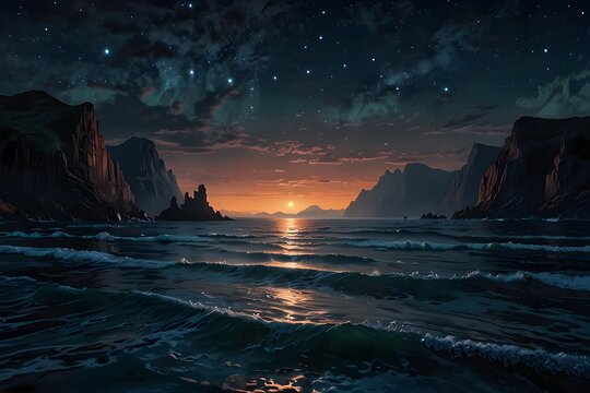 Dramatic night seascape with starry sky and glowing sunset horizon over ocean waves
