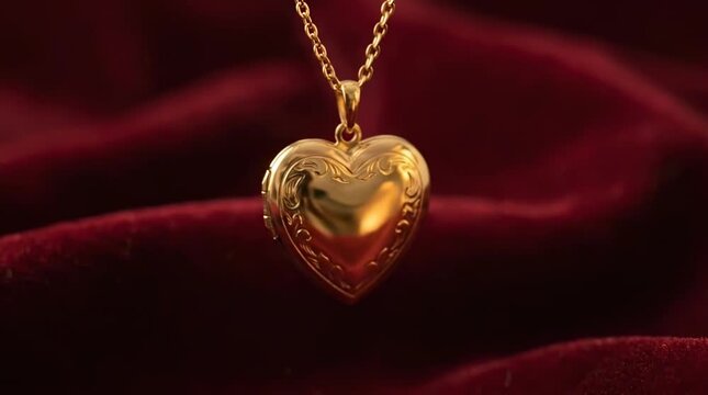 Gold heart locket rotating on red velvet