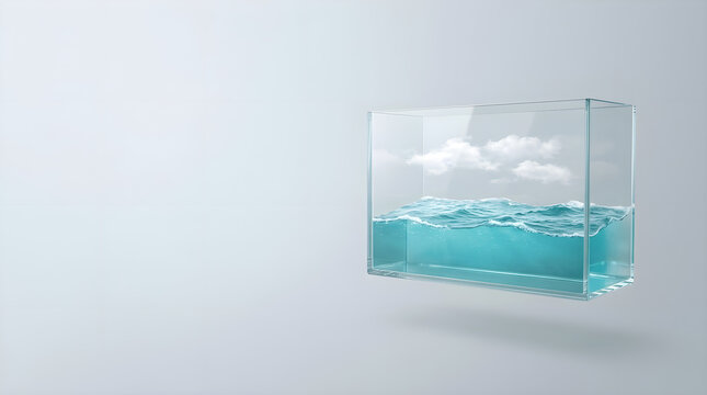 Miniature ocean in a glass box with clouds and waves on a clean white background