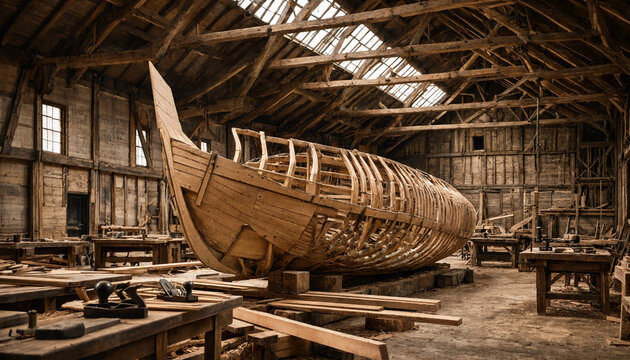 Traditional wooden boat construction workshop with a large ship frame, heavy timber beams, and various carpentry tools on wooden workbenches