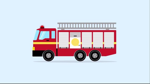 Red fire truck emergency vehicle cartoon illustration with ladder and rescue equipment