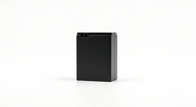 Black rectangular rechargeable lithium ion battery pack isolated against clean white studio