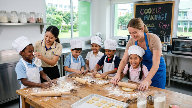 Children learning cookie baking with teachers in school kitchen.