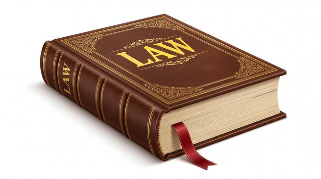 Thick brown leather law book with ornate gold lettering and a red ribbon on white background