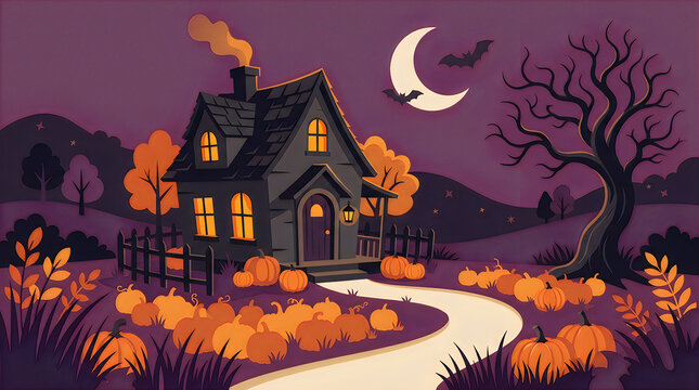 Haunted house with pumpkins on a winding path under a crescent moon at night