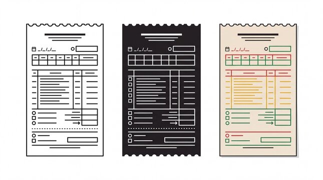 Three distinct shopping receipt design templates featuring minimalist line art styles isolated on white background