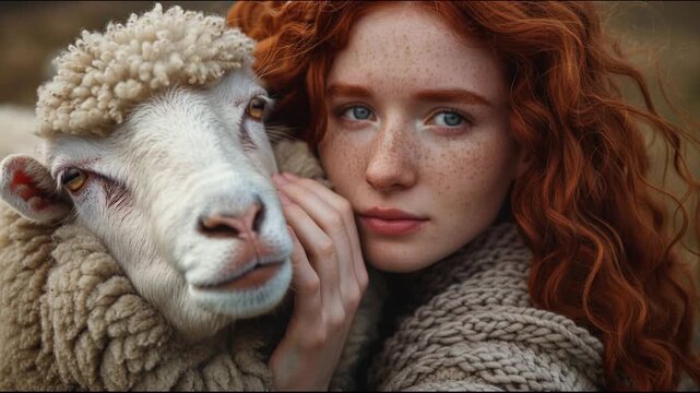 Young woman with red hair holds a sheep in a field during daylight in a rural setting