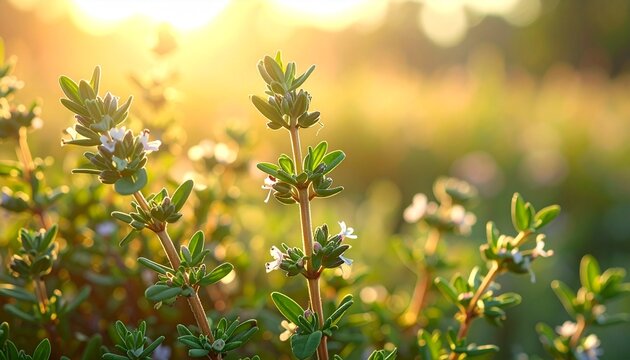 Wild thyme flowers blooming in golden sunlight.