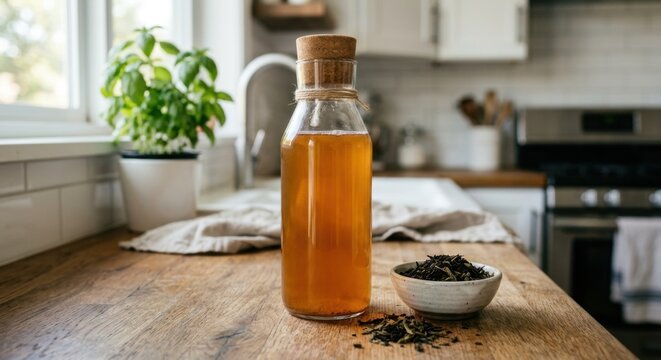 Glass bottle of kombucha tea and loose leaf tea on wooden surface
