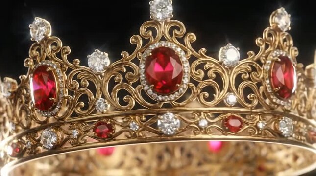 Golden crown with rubies and diamonds rotating