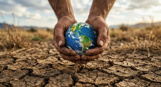 Hands Cupping Miniature Earth Over Cracked Dry Land Symbolizing Environmental Care