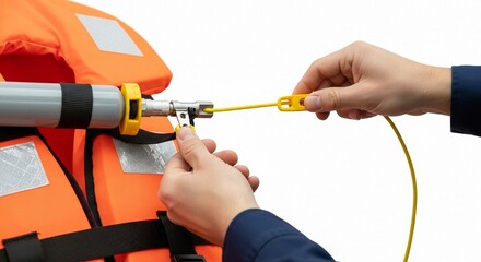 Obraz premium Person meticulously inspecting a bright orange life jacket safety mechanism for marine use