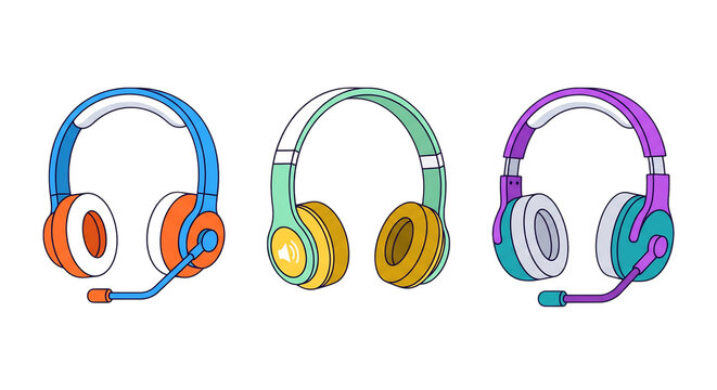 Set of colorful gaming headsets and headphones vector illustrations isolated on white background