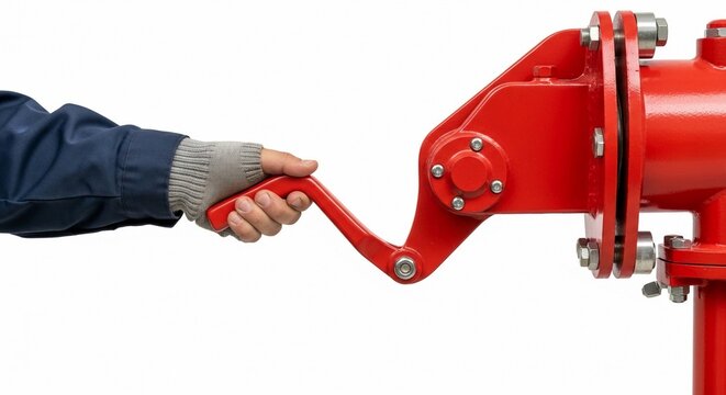 Person in glove operates red lifeboat davit release handle, activating maritime safety mechanism