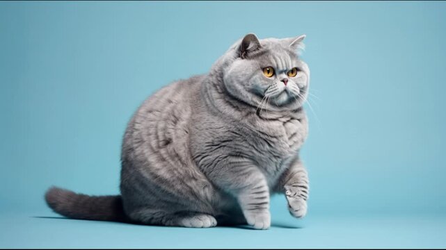 Fluffy gray cat sits on a blue background during a studio session