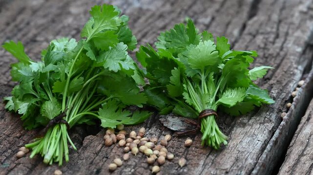 Coriander herb on wood background. Bunch of fresh coriander on wooden table close up