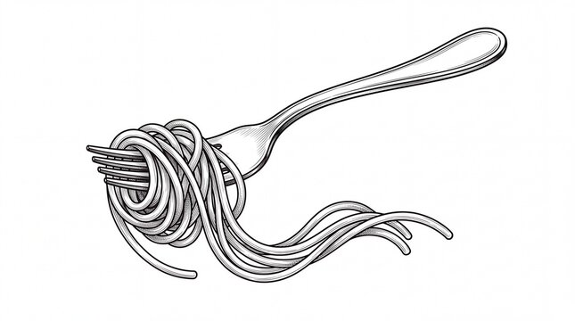 Spaghetti noodles wrapped around a silver metal fork in an elegant detailed sketch on white background