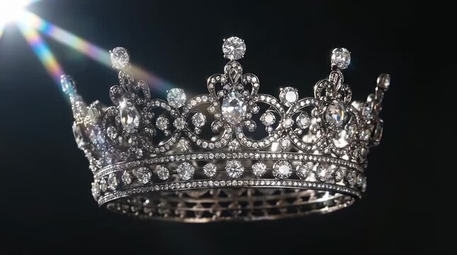 Sparkling diamond crown rotating against dark background
