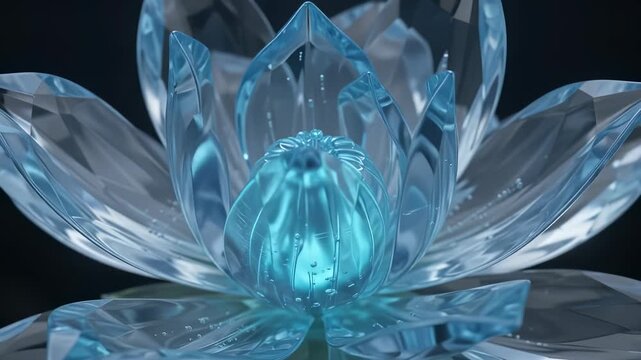 Crystal flower blooming blue glass lotus glowing petals abstract transformation A transparent blossom slowly opens against darkness as an elegant symbol of purity growth beauty and premium design