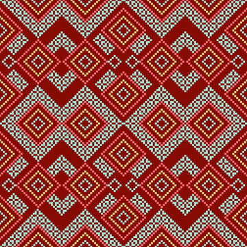 seamless geometric pattern
Seamless design, resembling Christmas stitch patterns, rhinestones, and zigzag lines, using blue, yellow, and red colors on a brown background, for the fashion and textile i