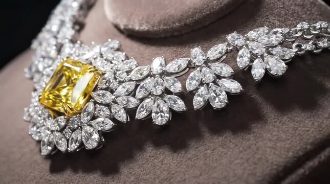Luxury necklace with large yellow gemstone rotating