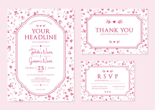 Elegant Pink Heart Floral Wedding Invitation Suite Template