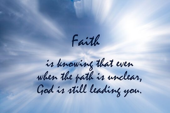 Faith themed image featuring sunlight through clouds with a message about strength, guidance, and divine trust.