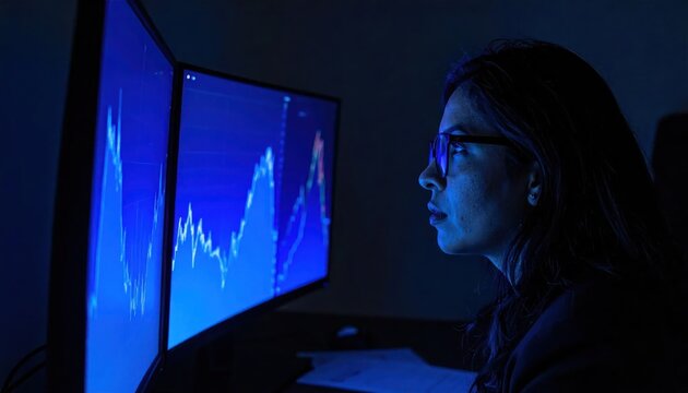 Woman analyzing data on computer screens.